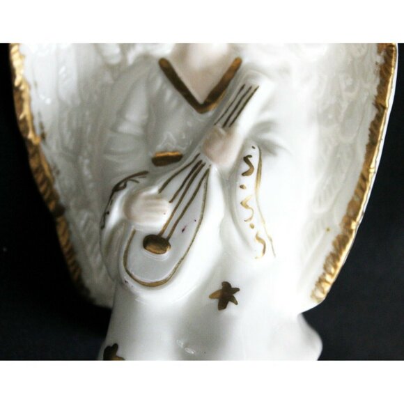 Vtg 80s White Porcelain Ceramic Angel Candle Holder Gold Trim Playing Instrument - Picture 8 of 8